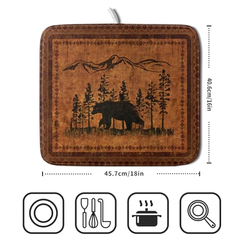 Forest Bear Dish Drying Mat 16x18 Inch Rustic Cabin Washable Microfiber Absorbent Dishes Drainer Rack Pad for Kitchen Counter Home Decor (Retro Forest Bear / 16" x 18")