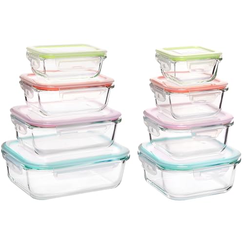 8 Pack Glass Food Storage Containers with Airtight Lids (Multi-colors)