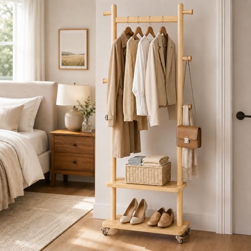 Coat Rack Freestanding Solid Wood Clothes Rack with Wheels