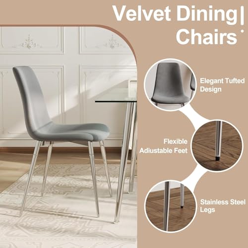 36” Square Glass Dining Table Set for 4 (Black Square Table/Grey Velvet Chairs / 5 Pieces)