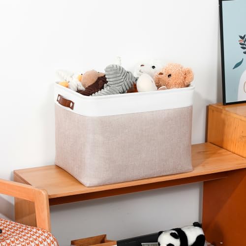 Fabric Storage Bins (White&Khaki / XL-16"x 12"x12")