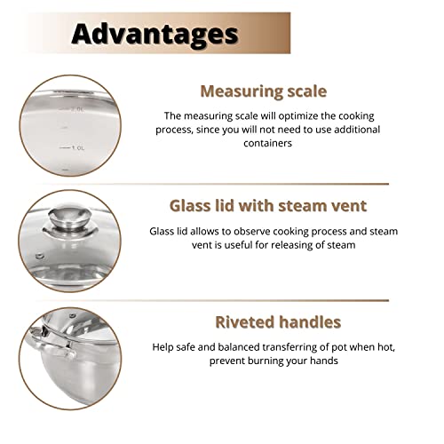 Classic 2 Quart Stainless Steel Stock Pot with Glass Lid (2 QT)
