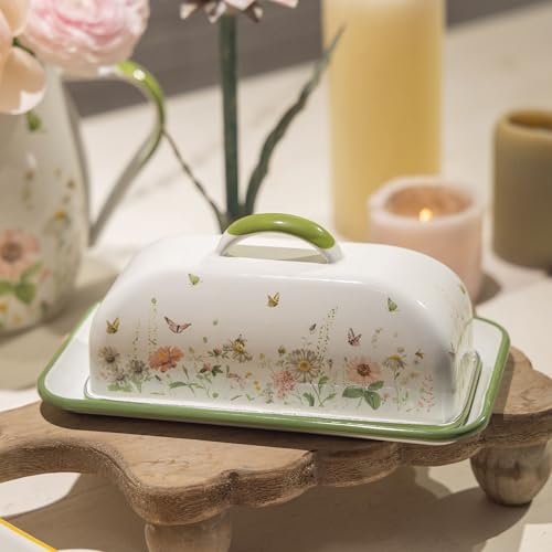 Enamel Butter Dish with Lid Vintage Enamelware Butter Keeper with Flower and Bee Patterns Farmhouse Butter holder Butter container for Kitchen Decor (Green)