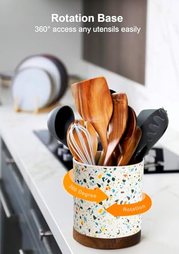 Ceramic Rotating Kitchen Utensil Holder for Countertop (Marble Pattern)