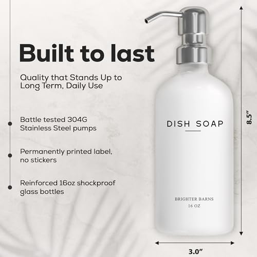 White Glass Hand and Dish Soap Dispenser Set by Brighter Barns (Silver Hd)