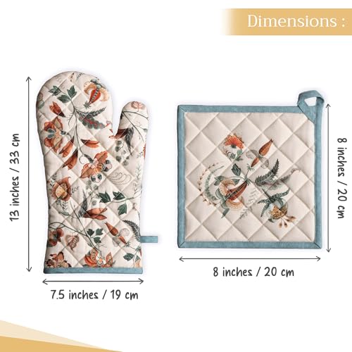 100% Cotton Oven Mitt & Pot Holder Set (060 - Dalida / 7.5" x 13" & 8" x 8" (Oven Mitt & Pot Holder))