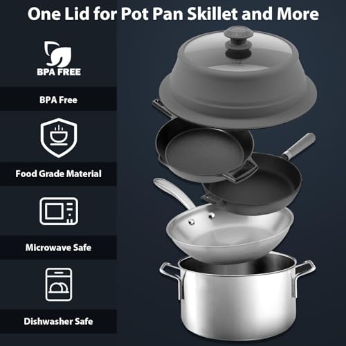 Collapsible Microwave Splatter Lid with Vented Tempered Glass Cover Wok Lid for Microwave Safe (11-12.5 inch / Grey)