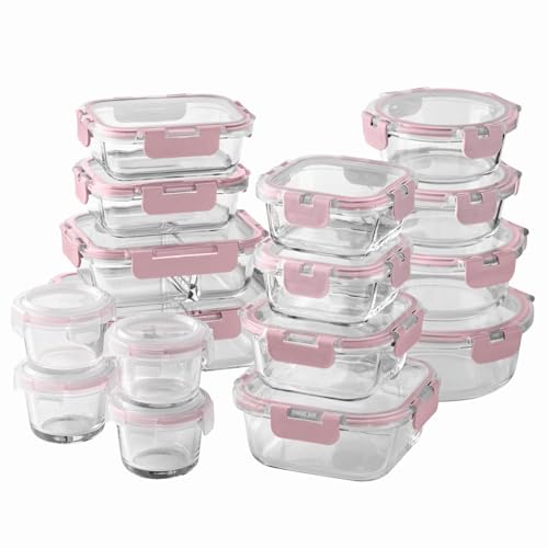 Premium 32 Pc. Borosilicate Glass Food Container Set with Dividers (Pink)
