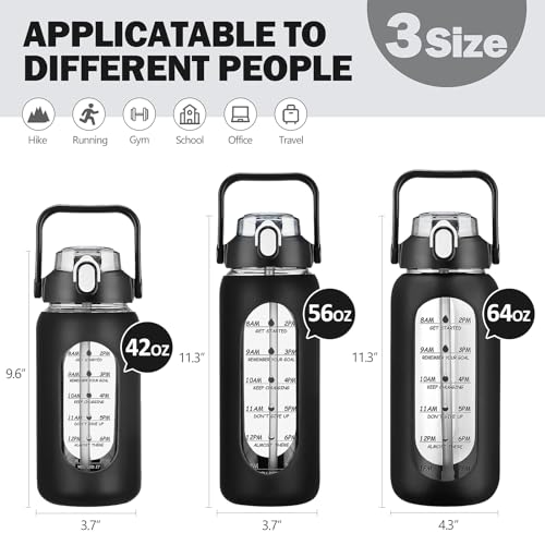 56oz Glass Water Bottles with Straw (Black / 56 Ounces)