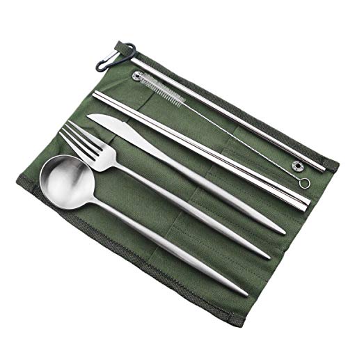 Reusable Travel Utensils (Green Pouch / Silver)