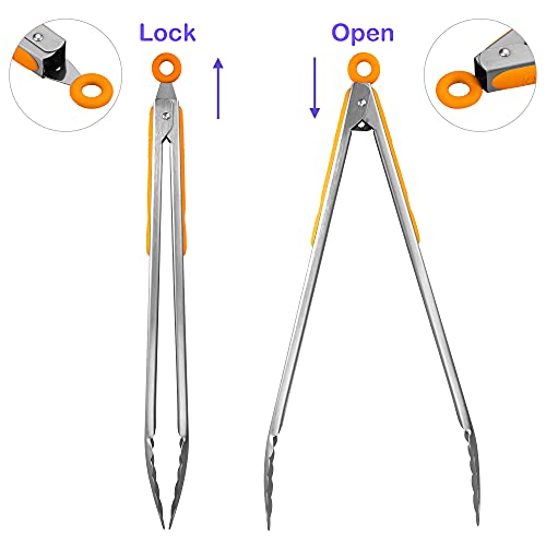 304 Stainless Steel Kitchen Cooking Tongs (14" & 16" / Orange)