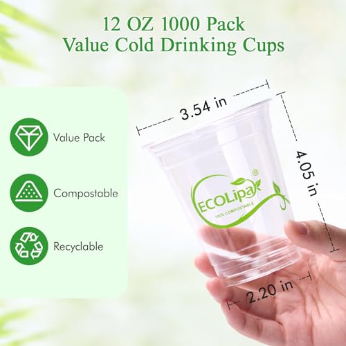 1000 Count 12 OZ Clear Compostable Plastic Cups for Restaurant (12oz-clear)