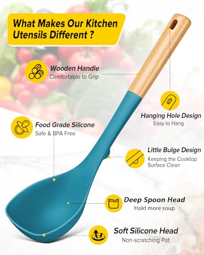 Silicone Soup Ladle and Pasta Spoon Set with Wooden Handle (2 Count)
