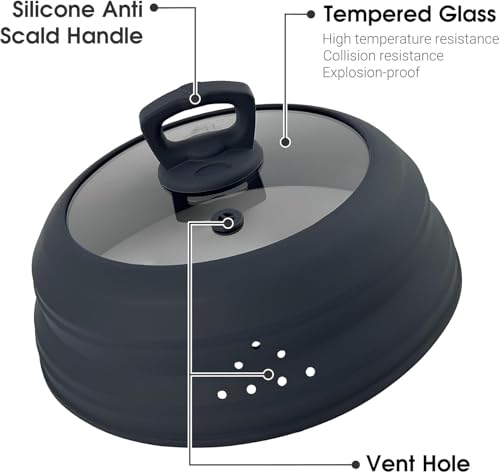 Microwave Splatter Cover Glass 10.5 Inch Microwave Cover for Food with Handle Collapsible Silicone Microwave Cover with Steam Vent for Pot Plate Bowl (10.5 inch / Grey)