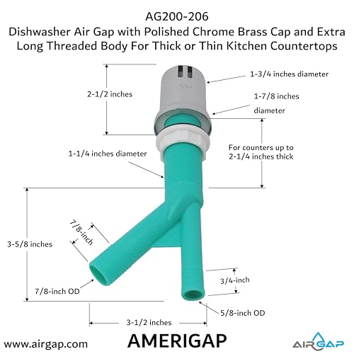 Dishwasher Air Gap with Skirted Polished Chrome Brass Cap and Extra Long Threaded Body for Thick or Thin Kitchen Countertops (AG200-206)