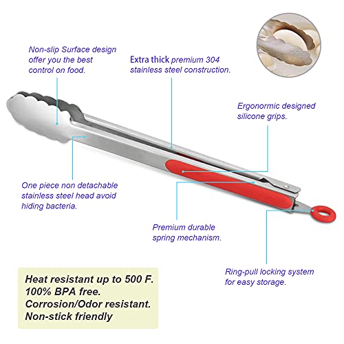 Premium 304 Stainless Steel Tongs Set (9" & 12" / Red)