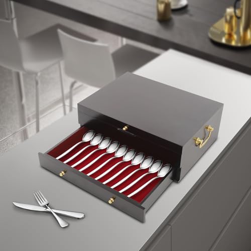 Wooden Silverware Storage Box 2 Layers Silverware Chest Case with Drawer with Handle Lid Flatware Organizer for Kitchen Dining Room