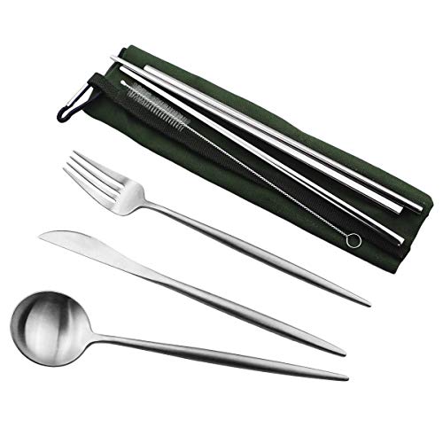 Reusable Travel Utensils (Green Pouch / Silver)