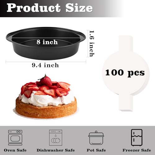 3 Pcs 8 Inch Round Cake Pans with 100 Pieces Parchment Paper (8 Inch with Handles)