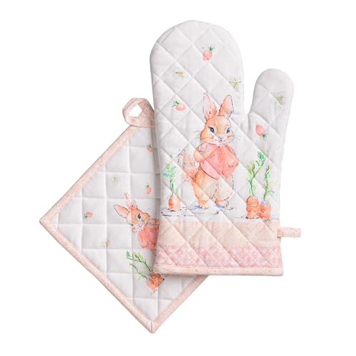 100% Cotton Oven Mitt & Pot Holder Set (013 - Bunny Party / 7.5" x 13" & 8" x 8" (Oven Mitt & Pot Holder))