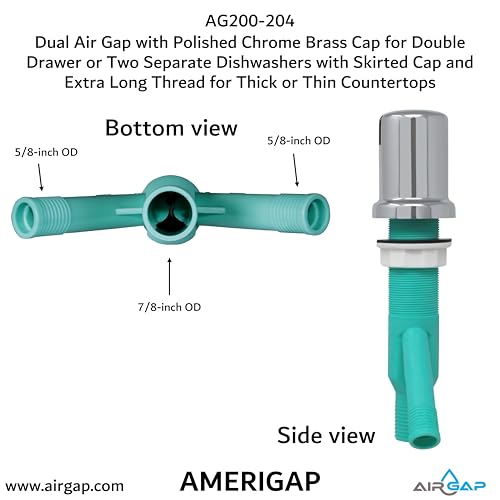 Dual Air Gap with Polished Chrome Brass Cap for Double Drawer or Two Separate Dishwashers with Skirted Cap and Extra Long Thread for Thick or Thin Countertops (AG200-204)