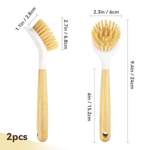 2 Pack Kitchen Scrub Brushes for Cleaning Dish Brush with Handle for Pans (Wooden Handle)
