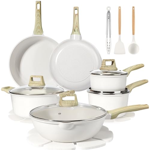 Ceramic Pots and Pans Set Non Stick (Cream White / 18 Pieces)