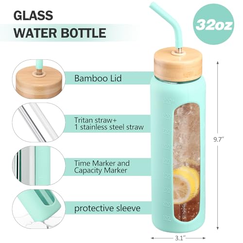 32oz Glass Water Bottle with Straw and 2 Lids (Mint Green / 32 Ounces)