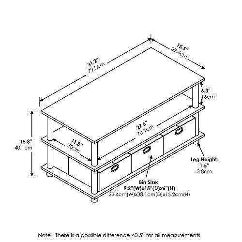 Turn-N-Tube Coffee Table, 31.22D x 15.5W x 15.8H in, Black Oak/Black/Brown (Black Oak/Black/Brown / 3 Bin)