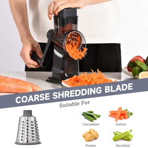 Rotary Cheese Grater with Handle Kitchen Shredder Slicer Grater Slicer Ice Shaver Cheese Vegetable Nuts Potato Zucchini Chocolate 3 Interchangeable Blades (9.06"L x 4.33"W x 9.07"H / Dark Gray)