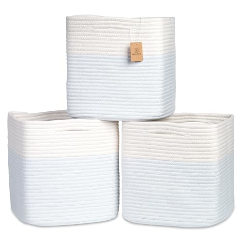 13 Inch Cube Storage Bins Cotton Rope Woven Baskets for Organizing 3 (Off White & Mixed Blue / 13 x 13 x 13 (Standard))