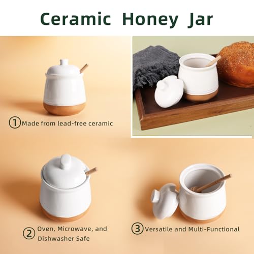 Honey jar with Lid and Wooden Dipper (White)