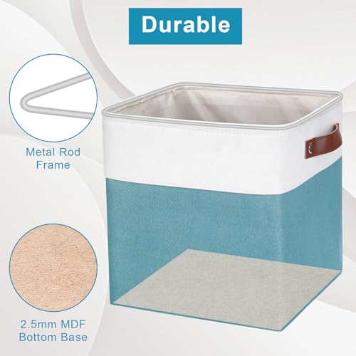 Collapsible Fabric Storage Cubes 11x11 Cube Storage Bins (Teal / Off-White / Cube - 11"x11"x11")