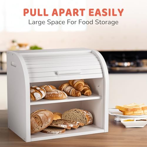 2 Tier Bamboo Bread Box for Kitchen Counter (White / Large)