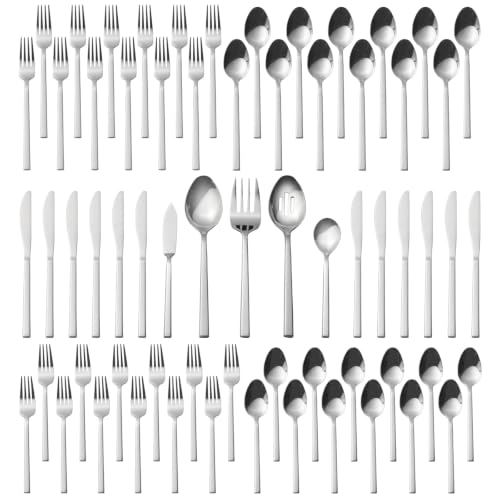 Cube 65 Piece Forged Stainless Steel Flatware Set Cutlery Set with Utensil (Silver / 65 pieces for 12)
