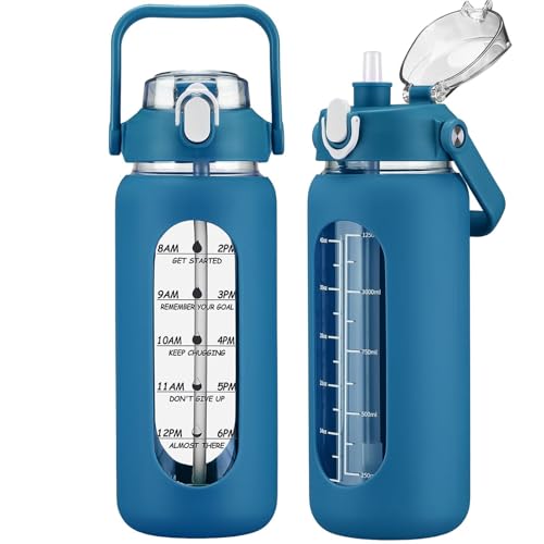 56oz Glass Water Bottles with Straw (Iron Blue / 56 Ounces)