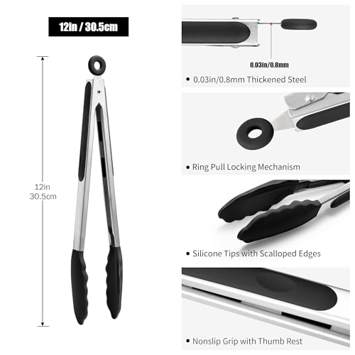 Kitchen Tongs with Silicone Tips for Cooking Serving (12in / Black)