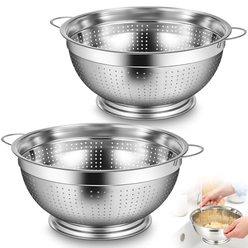 2 Pack 8 Quart Heavy Duty Stainless Steel Colander with Footed Base and Handles Pasta Spaghetti Berry Fruit Vegetable Kitchen Food Strainer Basket (8 Quart)