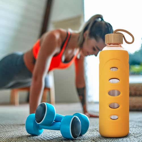 32 oz Narrow Mouth Glass Water Bottle with Windowed Silicone Sleeve (Orange)