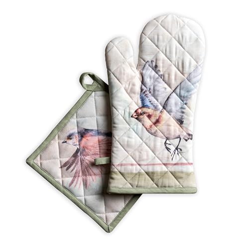 100% Cotton Oven Mitt & Pot Holder Set (070 - Flying Birds / 7.5" x 13" & 8" x 8" (Oven Mitt & Pot Holder))