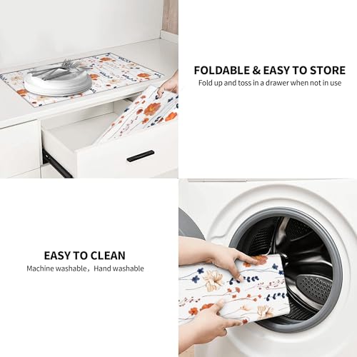 Orange Flower Decorative Dish Drying Mat for Kitchen Counter Watercolor Orange Floral Drying Pad 18x24 Inch Modern Absorbent Reversible Dish Drainer Rack Mats (Orange Flower / 18 x 24 inch)