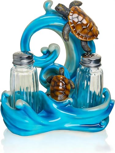 Resin Ocean Sea Turtle Salt And Pepper Shakers Set Holder with Glass Spice Jars (SeaTurtle)