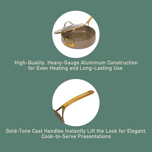 Non Stick Frying Pan (Cappuccino Cream w/ Gold Handle / Saute Pan w/ Lid (6-Quart))