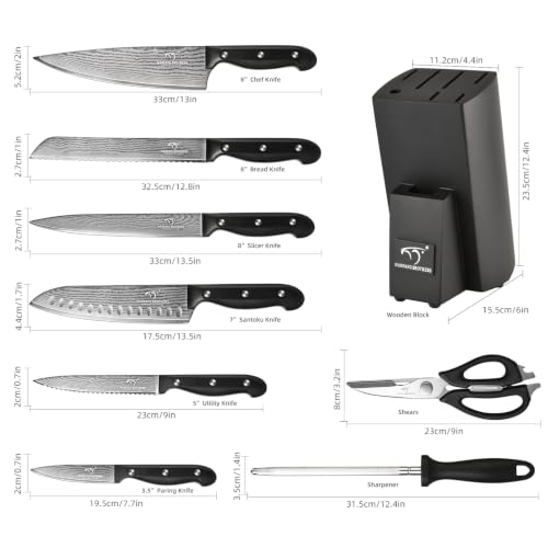 9 Piece Japanese Damascus Kitchen Knife Set with Block (Black/Black / 9 Pieces)