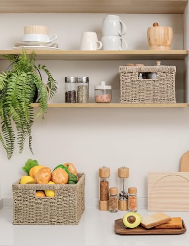 Wicker Storage Baskets for Shelves (Natural (Seagrass) / 11½"L x 11½"W x 7"H + 9¾"L x 9¾"W x 6½"H)