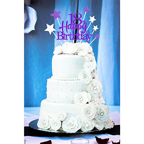 Purple Silver 18th Birthday Cake Topper with Glittery Stars (7 Count)