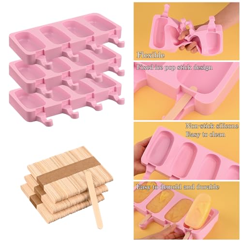3 Pack Large Silicone Popsicle Molds with 150 Pcs Wooden Sticks (3 Pcs Large - Pink)