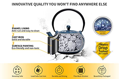 Japanese Cast Iron Tea Kettle with Infuser for Loose Leaf and Tea Bags (1.3 Quarts / Navy Blue)