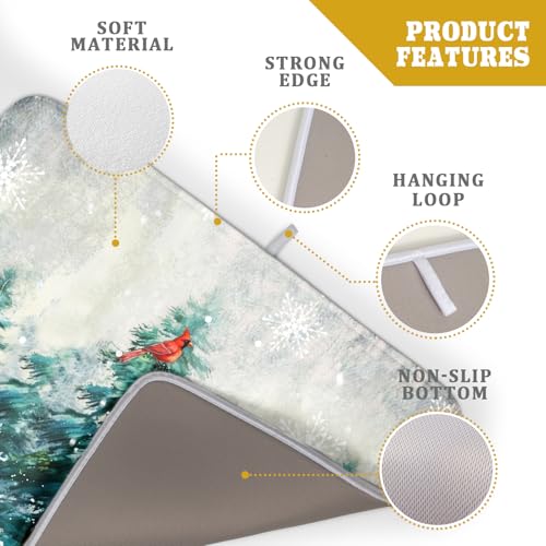 Pine Tree Dish Drying Mat for Kitchen Countertop Red Bird Dishes Mats Winter Decorative Absorbent Reversible Drainer Rack Pad 18x24 Inch (Pine Red Bird / 18" x 24")