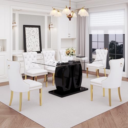 63" Glass Dining Table Set for 6 (Black Table & Gold White Chair / 7-Piece Set-Double O-Shaped Table)